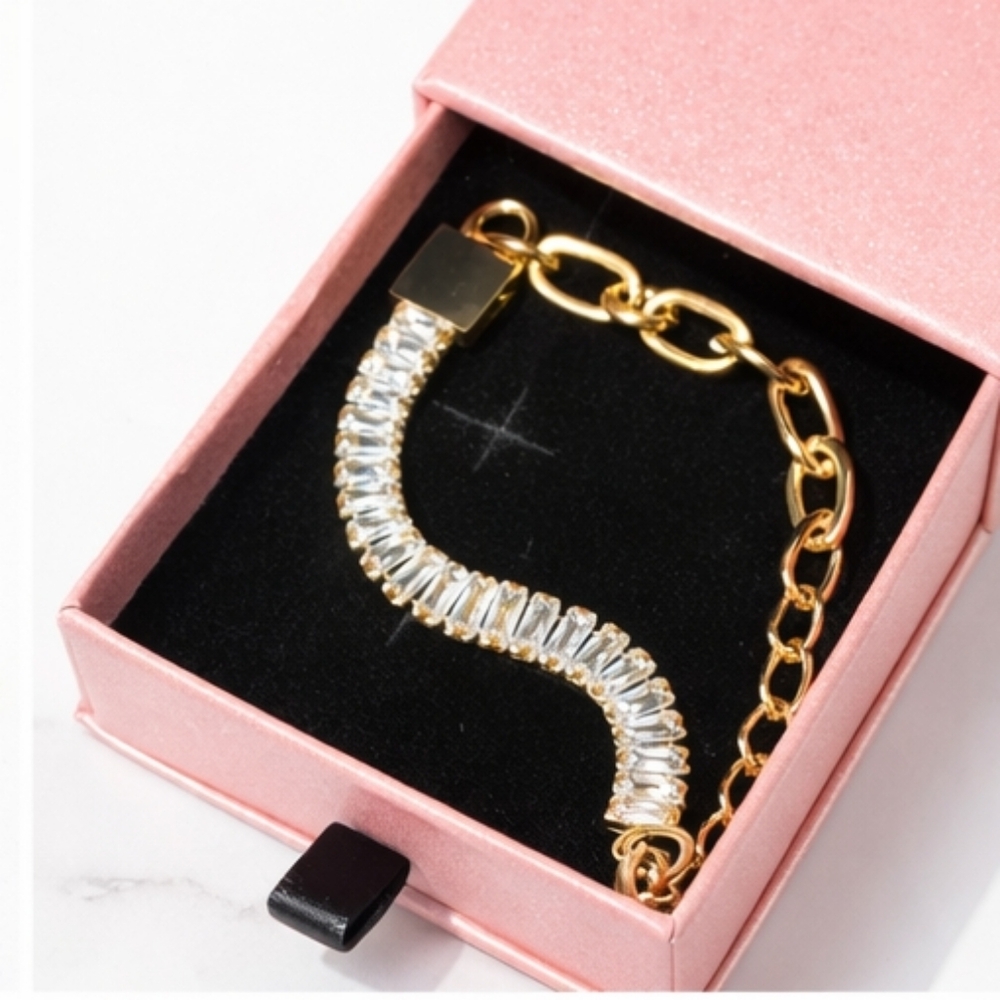 18K Gold Plated Rhinestone Link Bracelet | Adjustable 6–8” Glam Chain